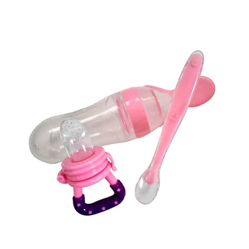 biberon cuillère grignoteuse et cuillère silicone rose